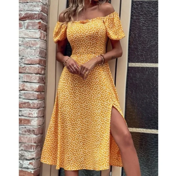 Boho polka dots puff sleeve slit thigh dress - Picture 10 of 16